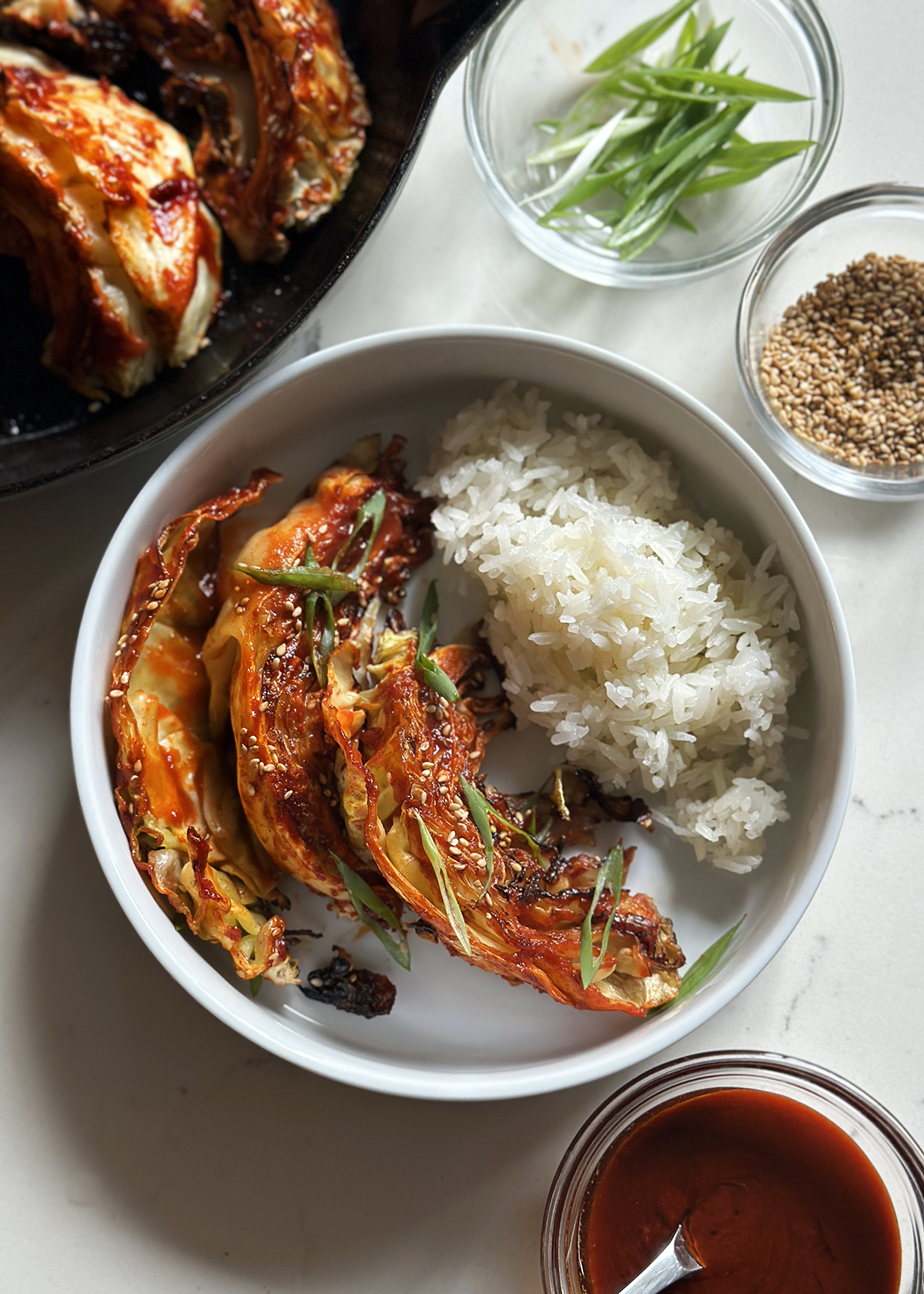 roasted cabbage with gochujang glaze and rice