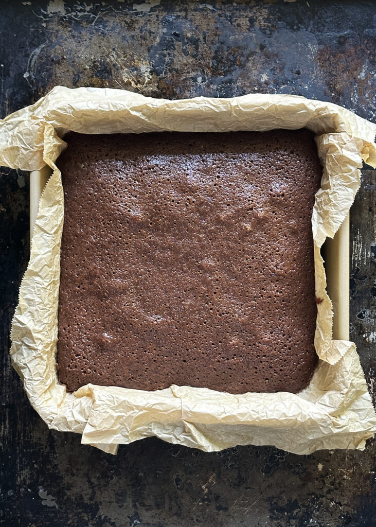 olive oil brownies baked in square pan